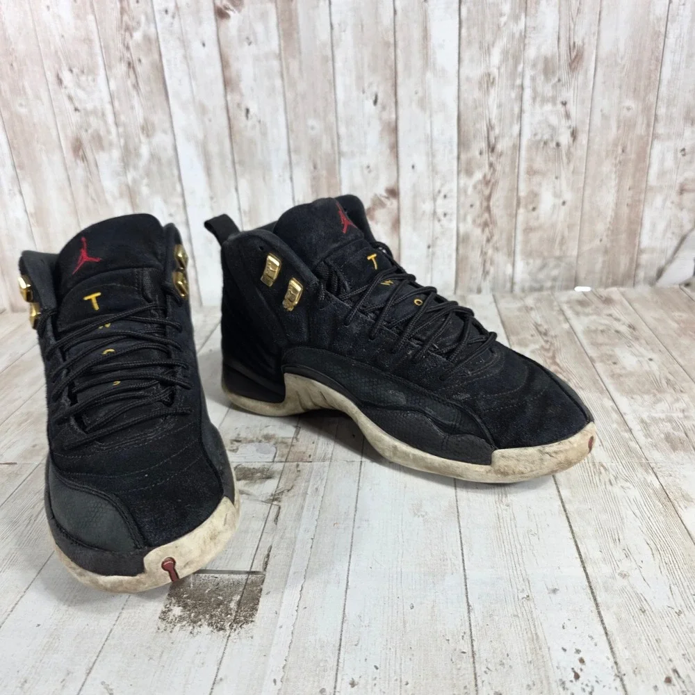 Jordan 12 Retro Reverse Taxi Black Suede Gold 130690-017 Mens Size 9